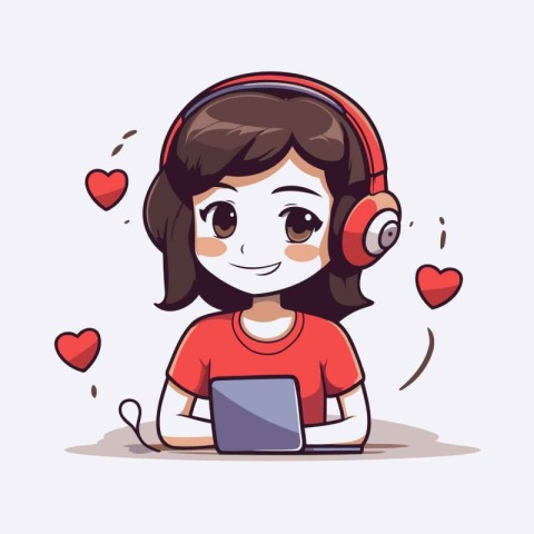 Cute girl with laptop and headphones. Vector illustration in car