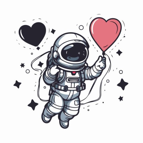 Astronaut holding a heart-shaped balloon. Vector illustration.