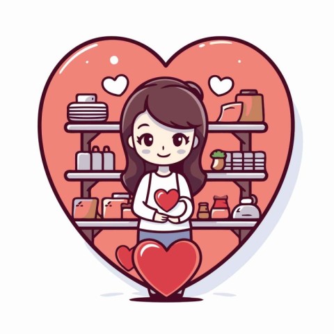 Cute little girl holding a heart in the shop. Vector illustratio