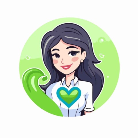 Beautiful girl with green heart in her hands. Vector illustratio