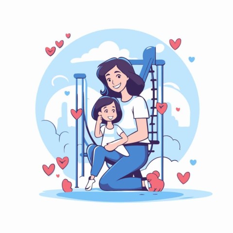 Mother and daughter sitting on a swing in the park. Vector illus