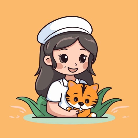 Cute little girl with a cat in her arms. Vector illustration