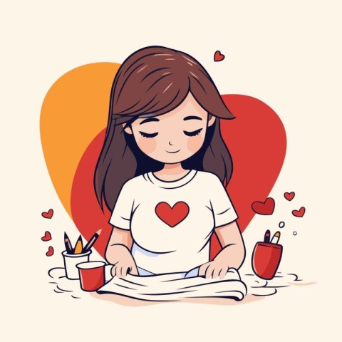 Cute little girl drawing a heart. Vector illustration in cartoon