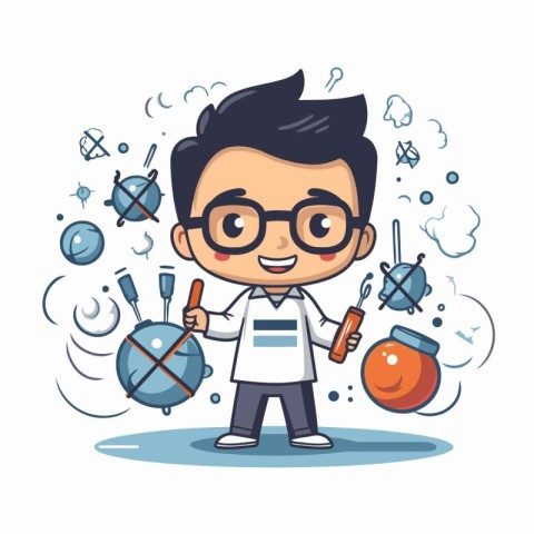 Cute boy scientist cartoon character. Vector illustration in a f