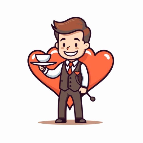 Businessman Holding Coffee Cup and Heart Shape - Vector Characte