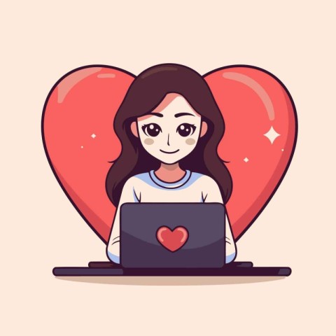 Girl with laptop in heart shape. Vector illustration in cartoon