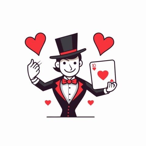 Illustration of a magician holding a card with hearts on a white