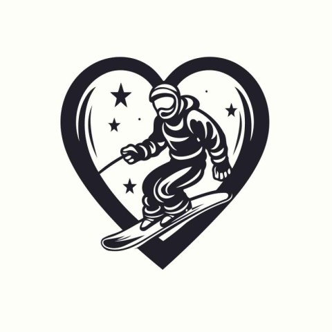 Ski club emblem with skier and heart. Vector illustration.