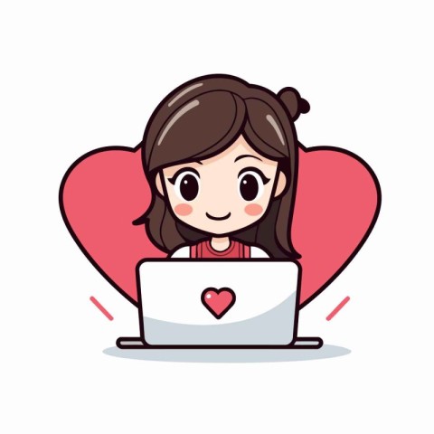 Cute girl using laptop with heart shape background. Cartoon illu