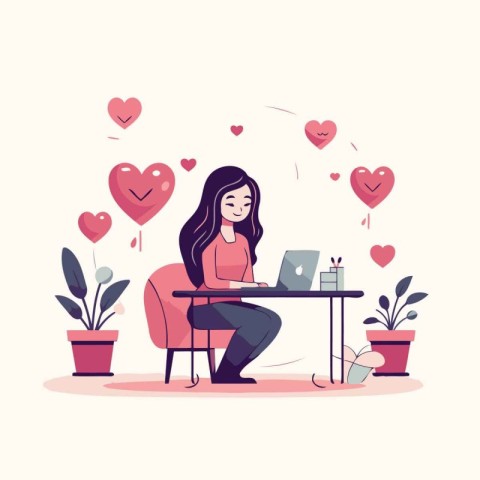 Vector illustration of a woman working at home on a laptop. surr