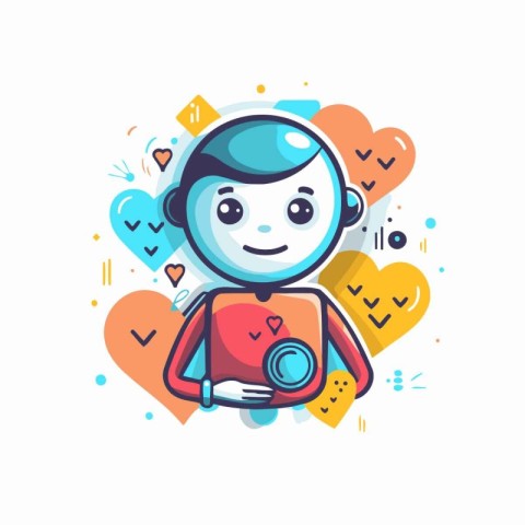 Cute boy with camera and hearts. Vector illustration in cartoon