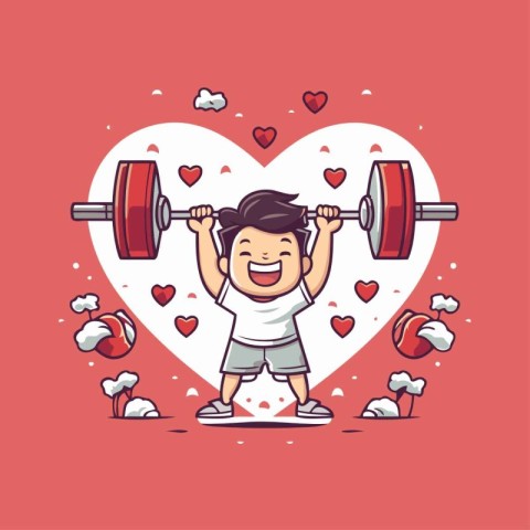 Boy lifting a barbell in the shape of a heart. Vector illustrati