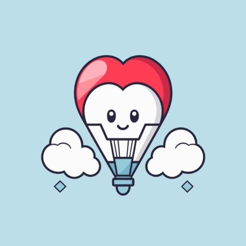 Cute kawaii heart in hot air balloon with clouds. Vector illustr