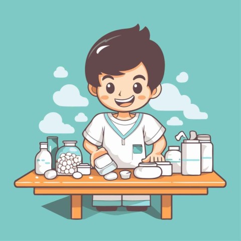 Cute boy making cream on table. Vector illustration in cartoon s