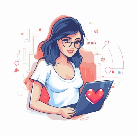 Young woman with laptop and heart. Vector illustration. Love con