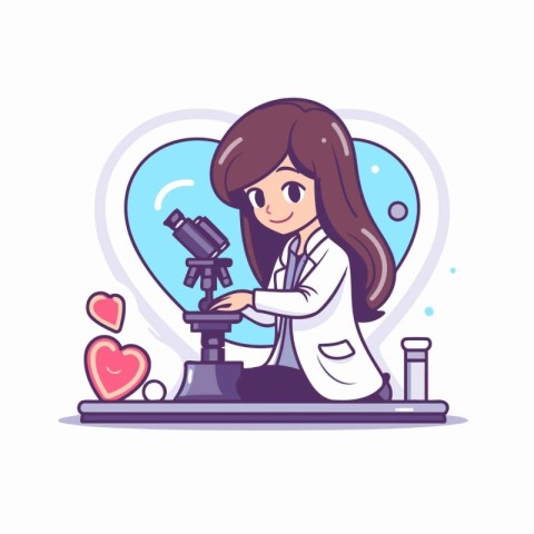 Scientist girl with microscope and heart. Vector illustration in