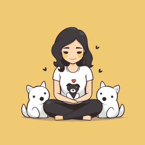 Girl with dogs. Vector illustration in cartoon style. Flat desig