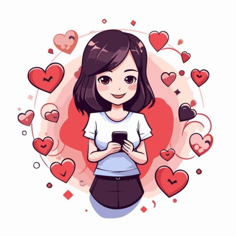 Cute cartoon girl with smartphone and hearts around. Vector illu