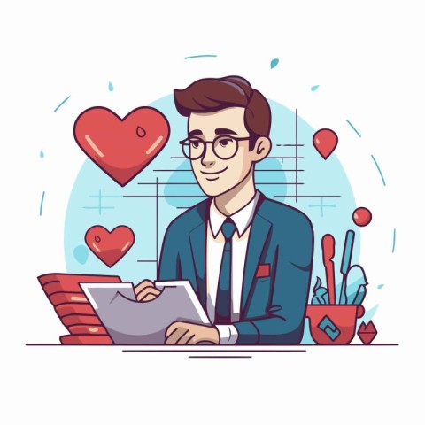 Young man working with laptop in office. Flat style vector illus