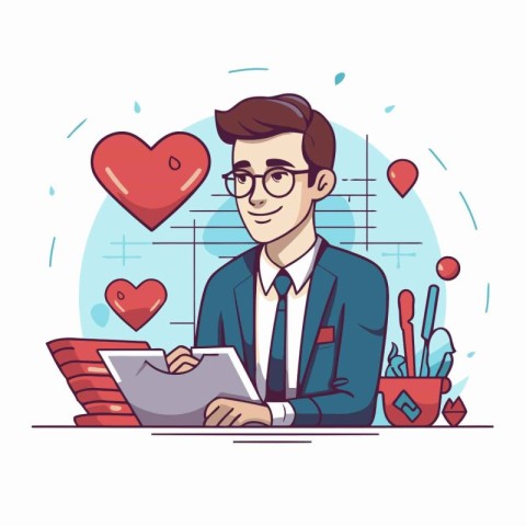 Young man working with laptop in office. Flat style vector illus