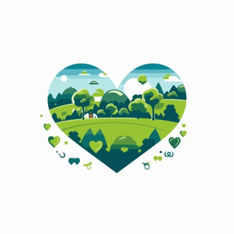 Love nature vector logo. Heart shape with forest and mountains i