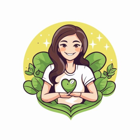 Vector illustration of a girl with a green heart in her hands.