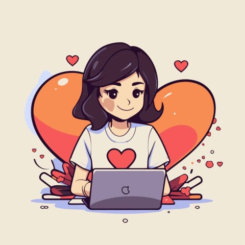 Girl with laptop and hearts. Vector illustration in doodle style