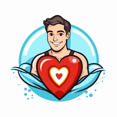 Vector illustration of a smiling man holding a red heart in his