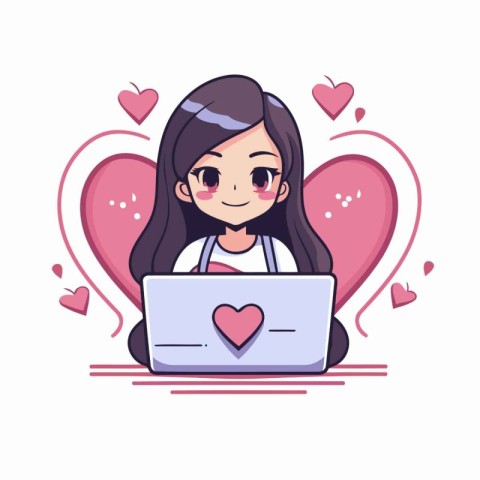 Cute little girl using laptop with hearts around her. Vector ill