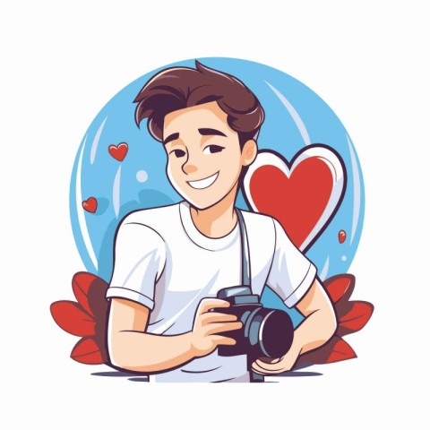 Vector illustration of a man holding a camera and taking photos