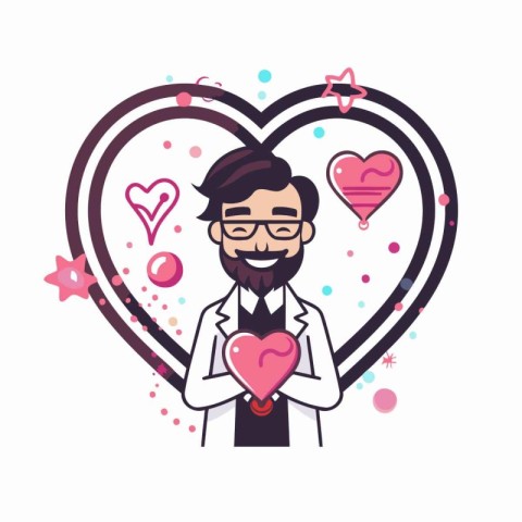 Valentine's Day. Bearded man in glasses with a heart in his hand