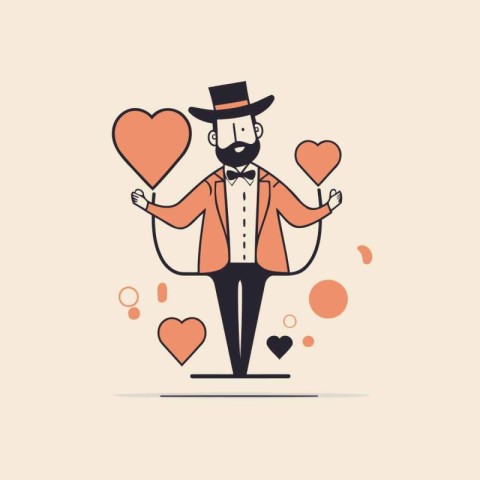 Vector illustration of a man in a hat and bow tie with hearts.