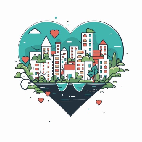 Cityscape in heart shape. Vector illustration in thin line style