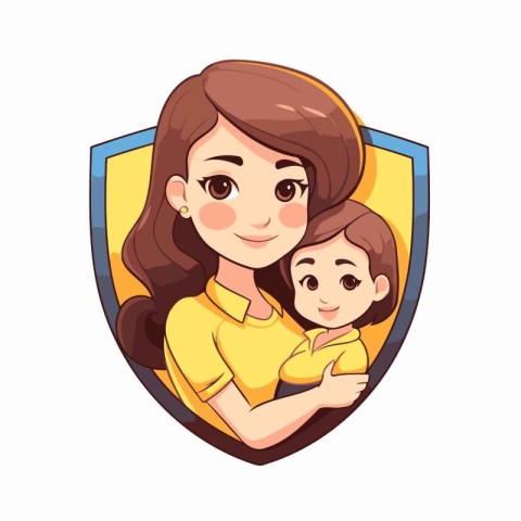 Mother with her daughter inside shield. Vector illustration in c