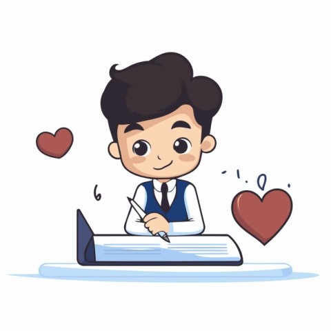 Cute cartoon boy writing on book with heart. Vector illustration