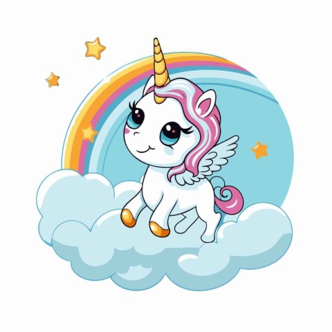 Cute unicorn sitting on the cloud with rainbow. Vector cartoon i