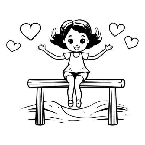 cute little girl sitting on bench with hearts cartoon vector ill