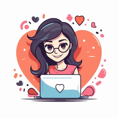 Cute cartoon girl with laptop. Vector illustration in a flat sty