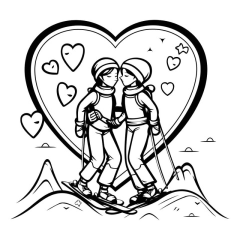 Sketch of a couple skier in love. Vector illustration.