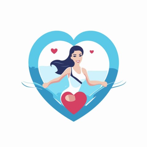 Young woman swimming in the sea with a heart shape. Vector illus