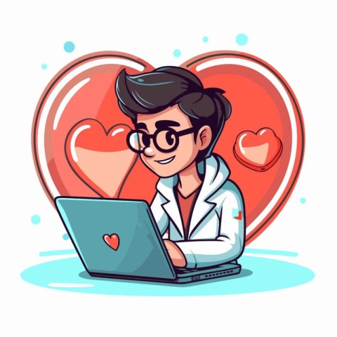 Cartoon doctor with laptop and heart. Vector illustration in car