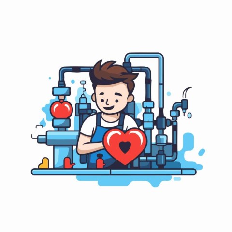 Plumber with a heart in his hand. Vector flat illustration.