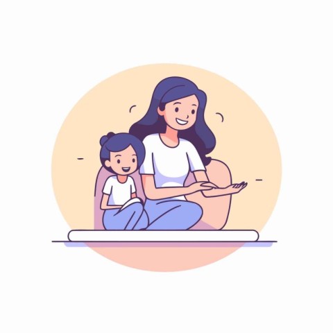 Mother and daughter sitting on the floor. Vector illustration in