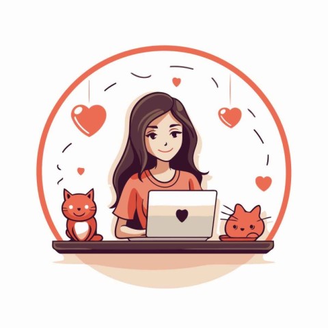 Girl with laptop and cat in love. Vector illustration in flat st