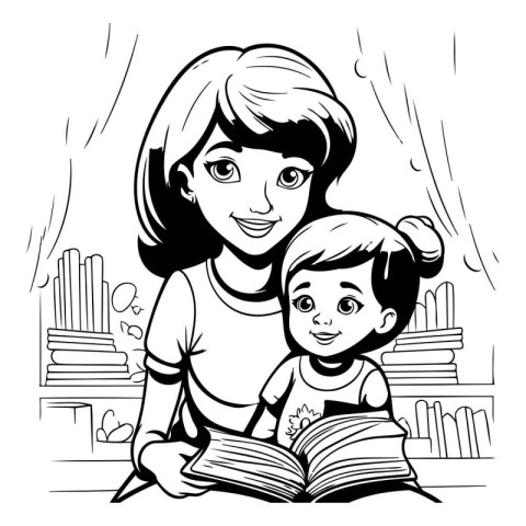 Mother and daughter reading a book. Black and white vector illus