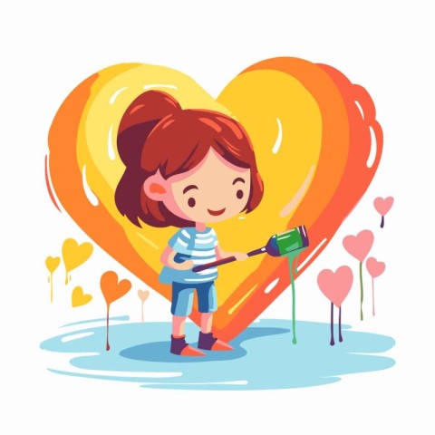 Cute little girl watering the heart with a watering can. vector