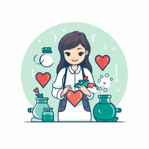 Young woman holding a heart in her hands. Vector illustration in