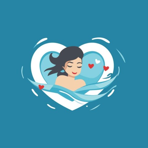 Beautiful woman with a heart in the water. Vector illustration.