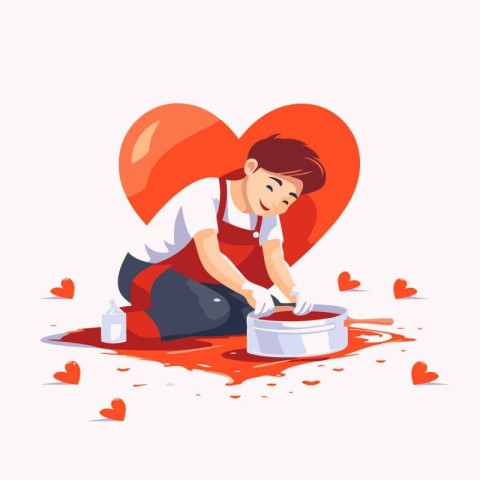 Valentine's day vector illustration. Cute cartoon little boy sit