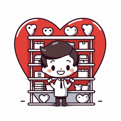 Boy in love with bookshelf and heart. Vector illustration.